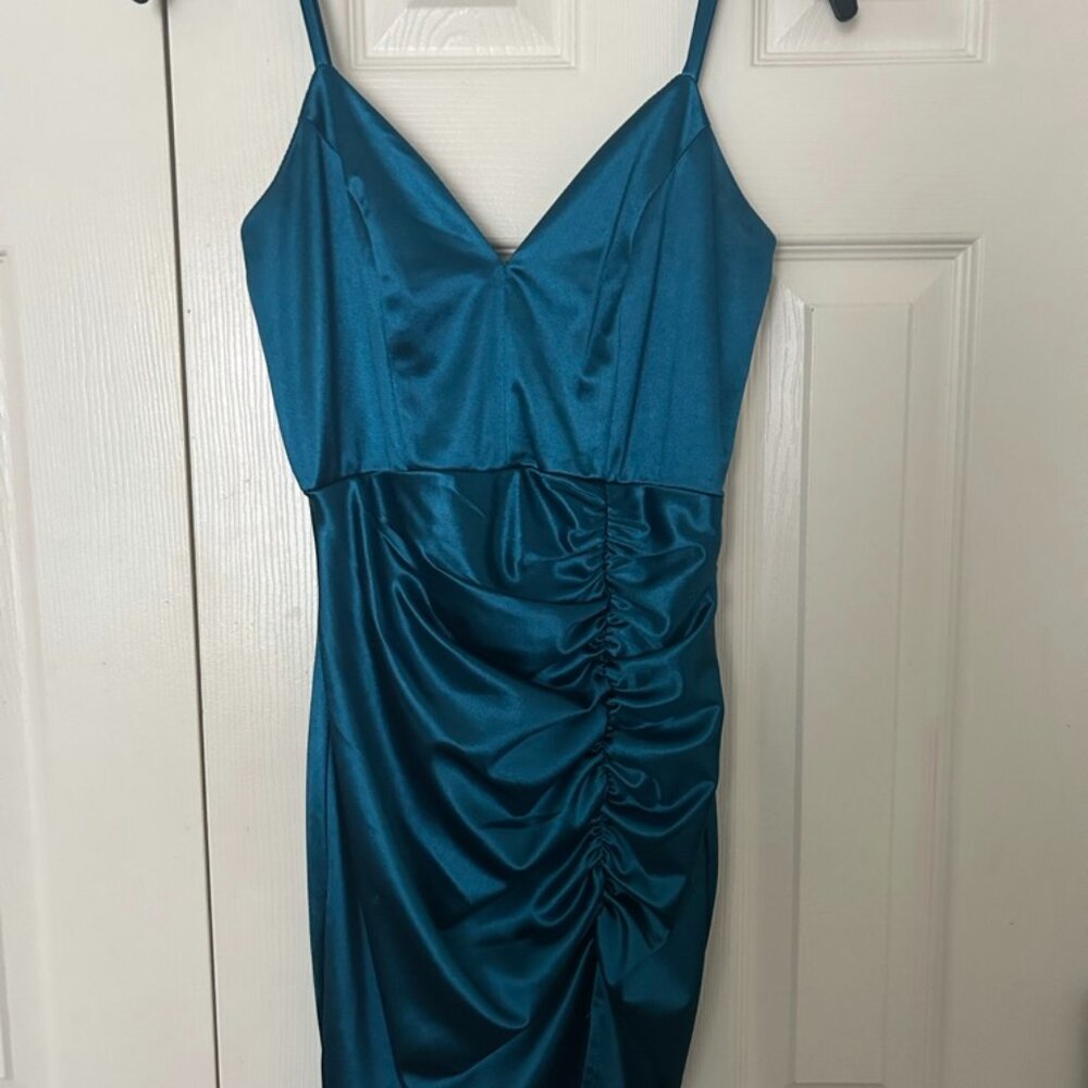 Honey and Rosie Spaghetti Strap V-Neck Ruched Satin Bodycon Dress